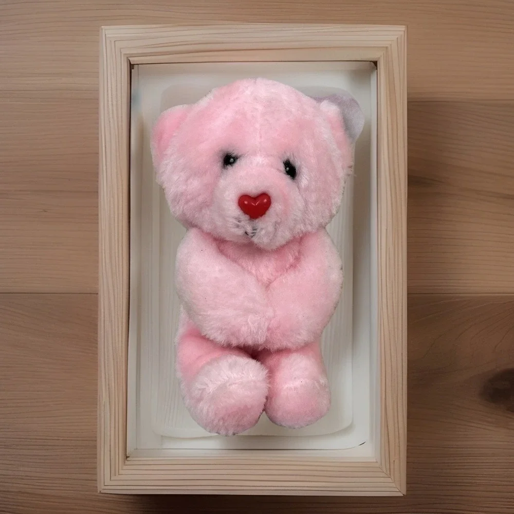 PINK Teddy BEAR 1987 Dan Dee Imports Red Heart Nose Plush Stuffed Animal Sitting